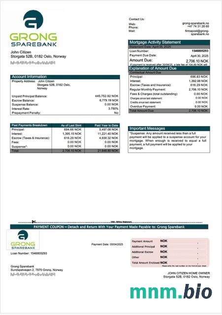 Norwegia Grong Sparebank wyciąg z kredytu hipotecznego szablon Word i PDF